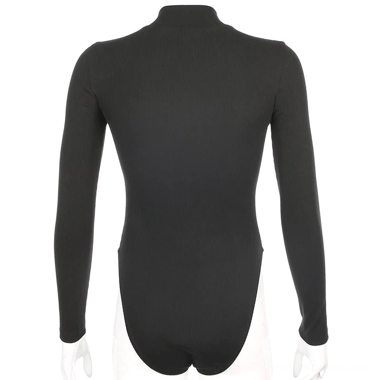 Solid black long sleeve bodysuit with mock neck collar - mannequin front view no mesh panels
