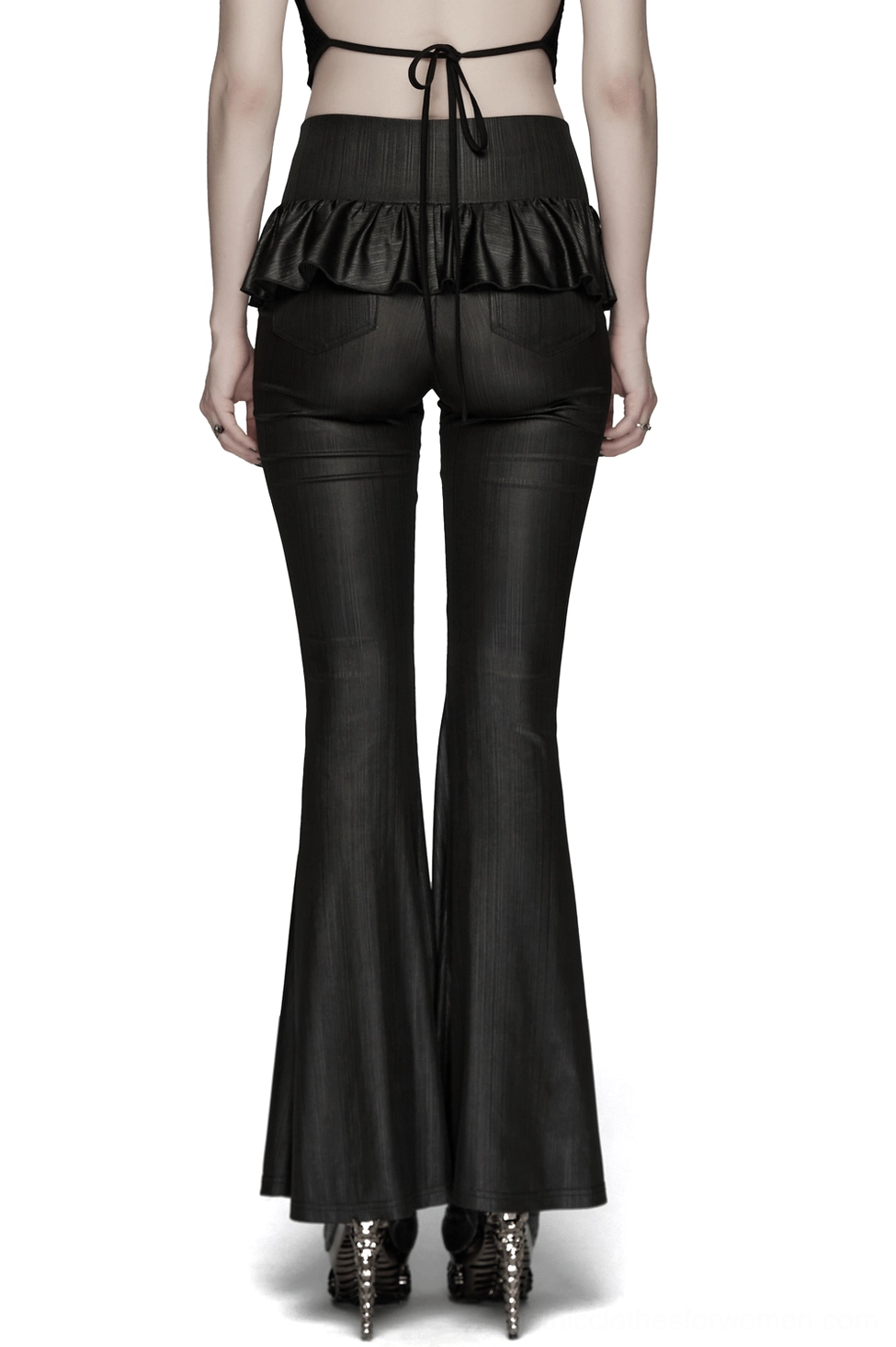 Black gothic flared pants with spider web mesh panels and cross ruffle waist, rear full-body view showcasing ruffled peplum waist detail and glossy striped knit fabric