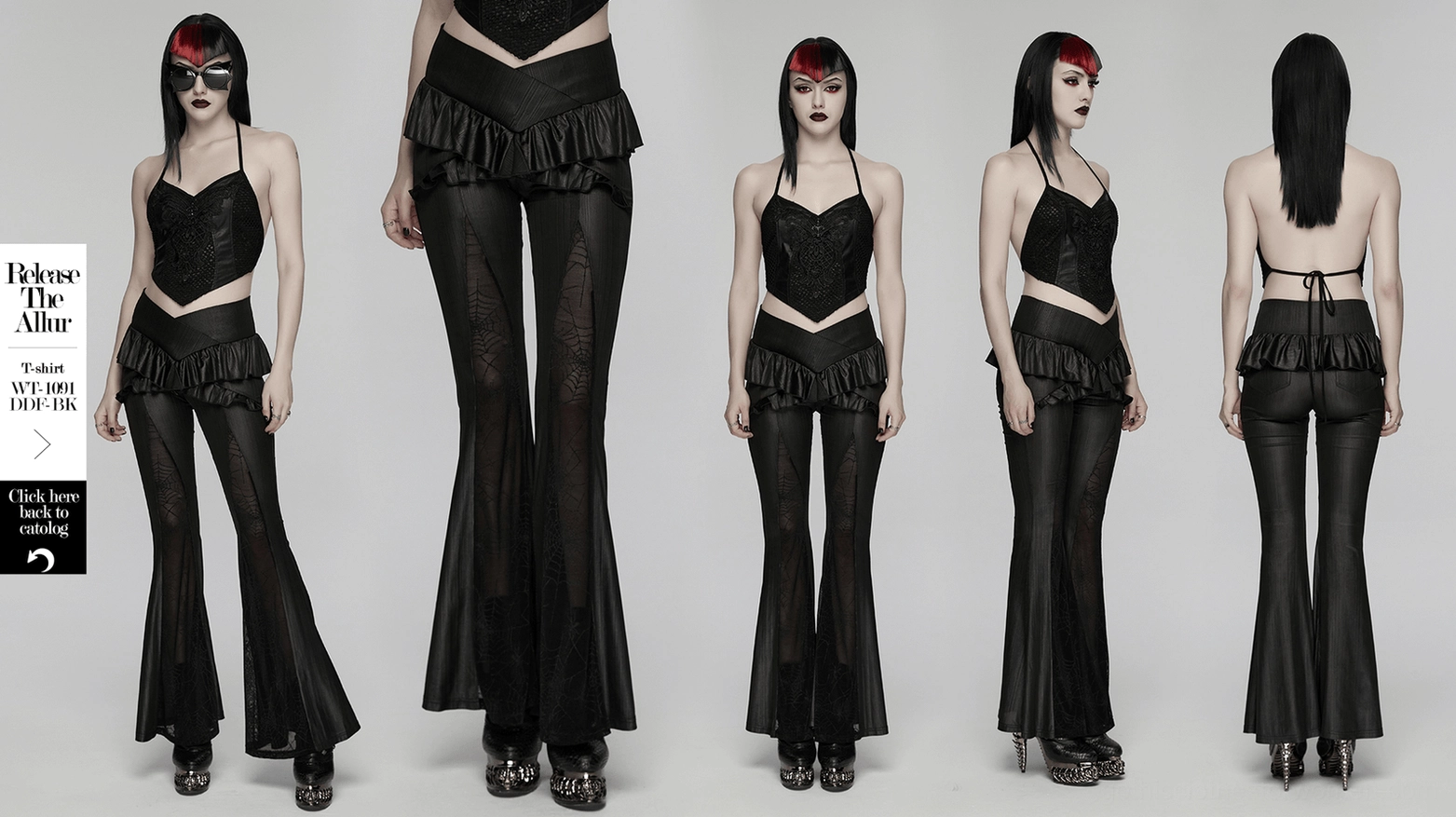 Black gothic spider web mesh flared pants detail view emphasizing contemporary alternative fashion and gothic aesthetic elements
