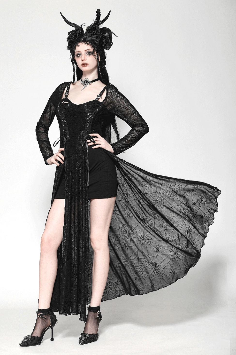 Black spiderweb gothic dress upper bodice detail showing corset lacing and adjustable shoulder straps