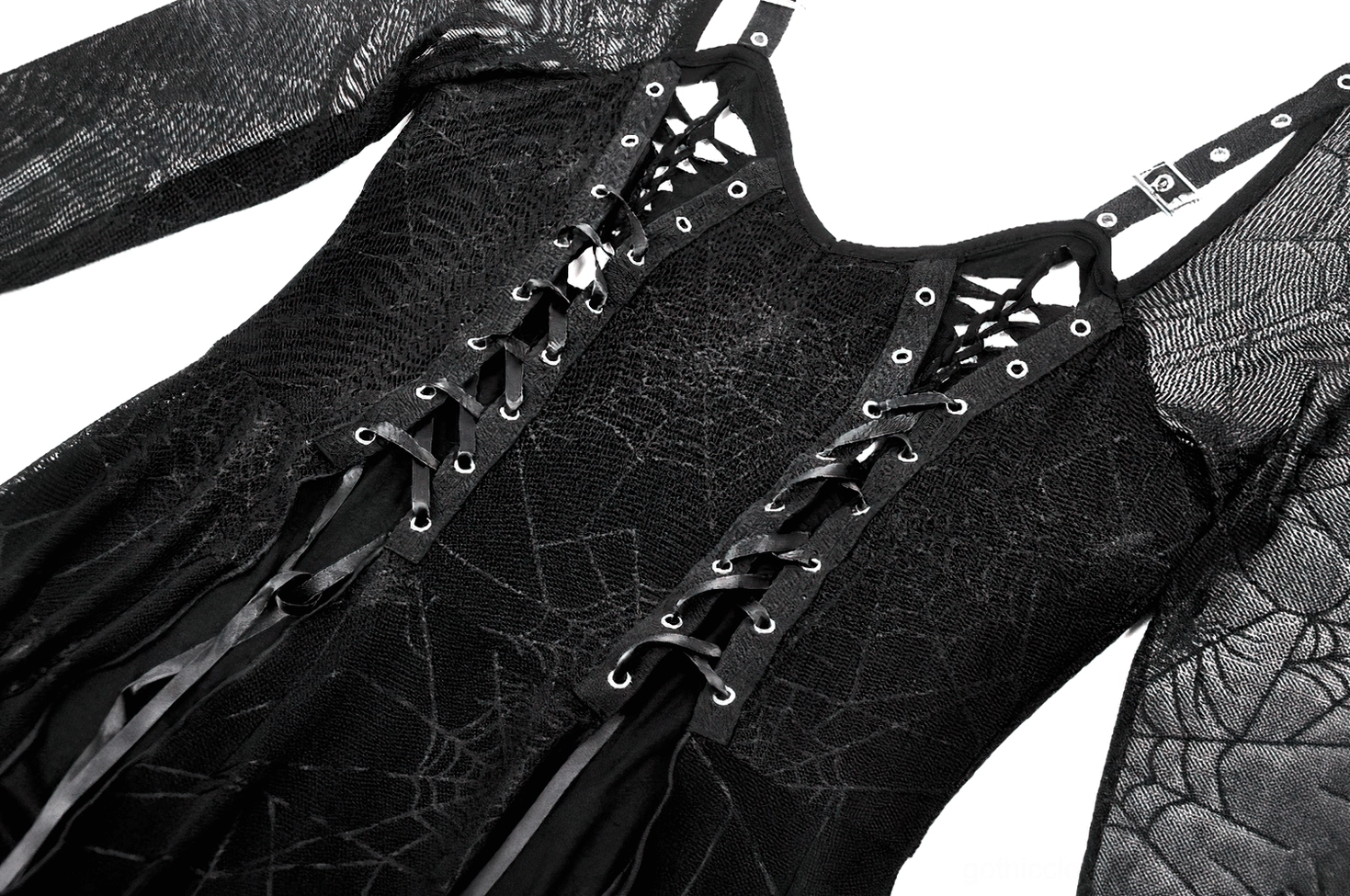 Close-up of black spiderweb lace-up gothic dress corset bodice with ribbon lacing and sweetheart neckline