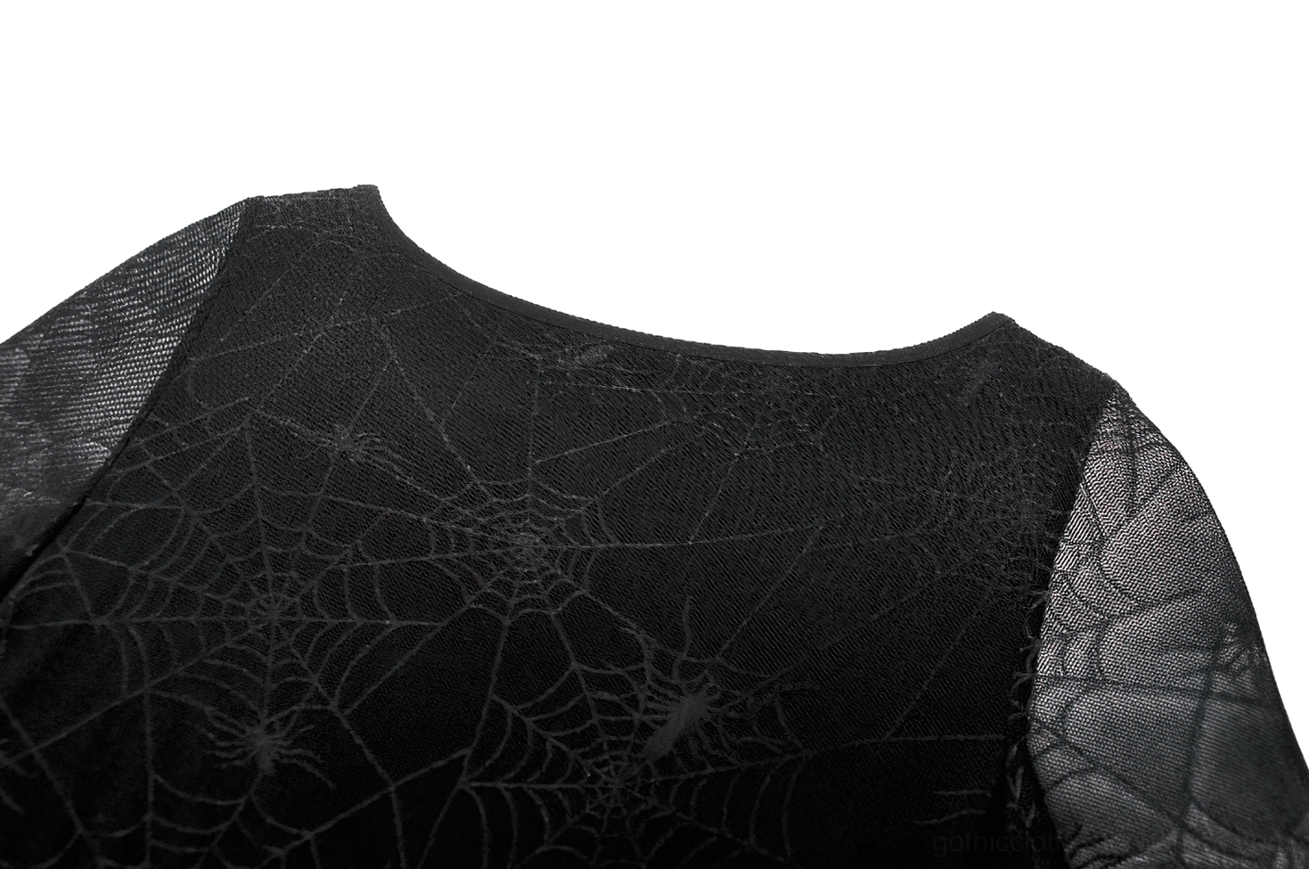 Close-up texture detail of black spiderweb mesh fabric showing intricate spider web print pattern