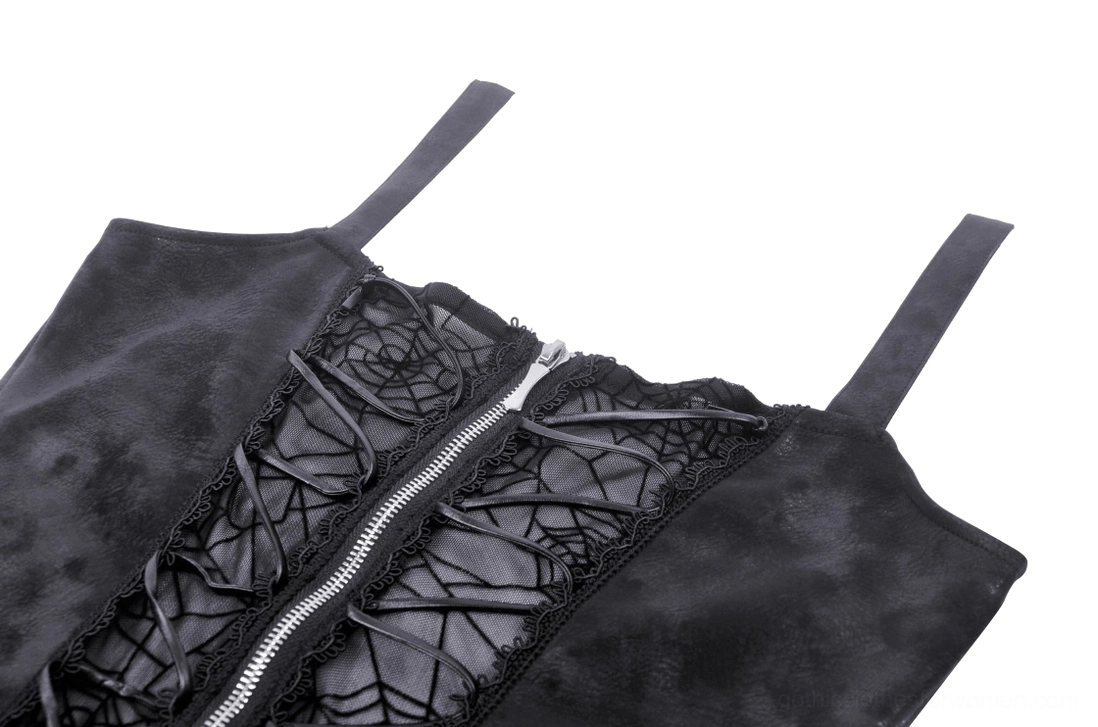 Black spiderweb lace gothic suspender dress detail shot emphasizing intricate lace mesh and pattern