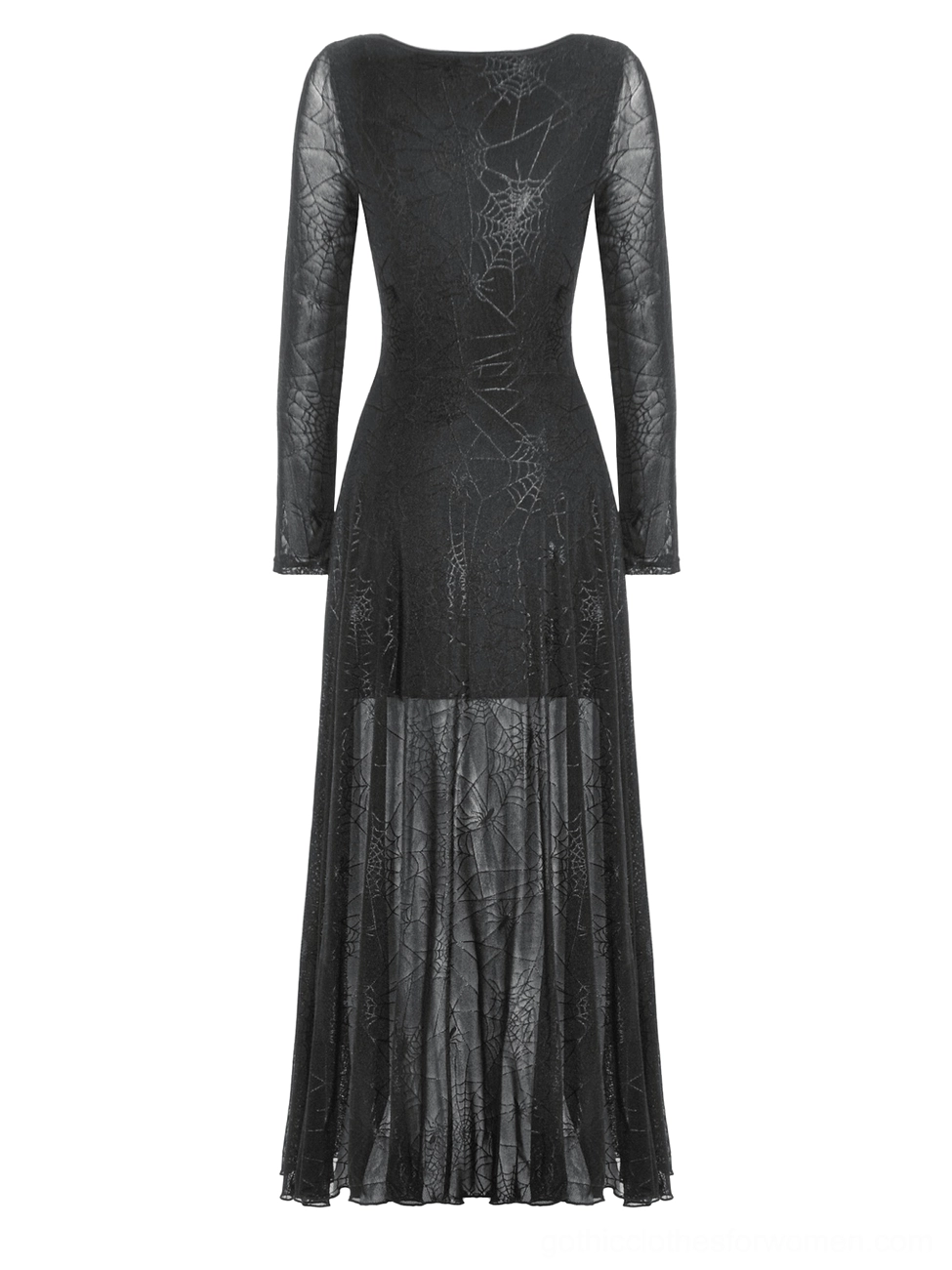 Black spiderweb gothic dress rear flat lay view displaying sheer mesh long sleeves and floor-length skirt