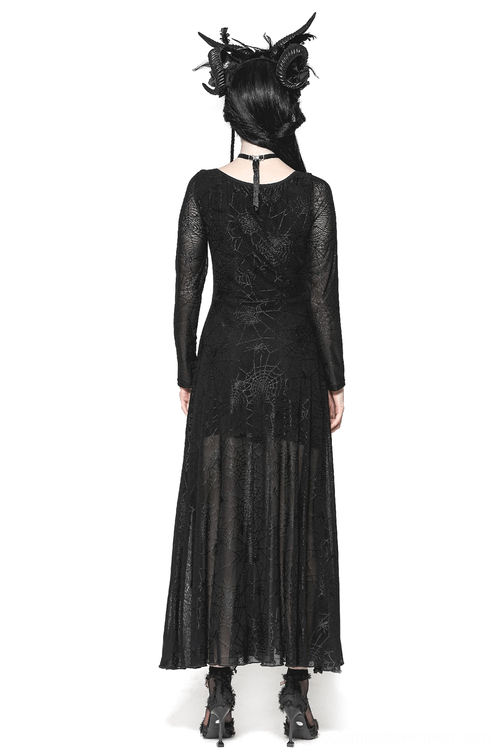 Black spiderweb gothic dress back view on model, showcasing adjustable buckled straps and sheer mesh panels