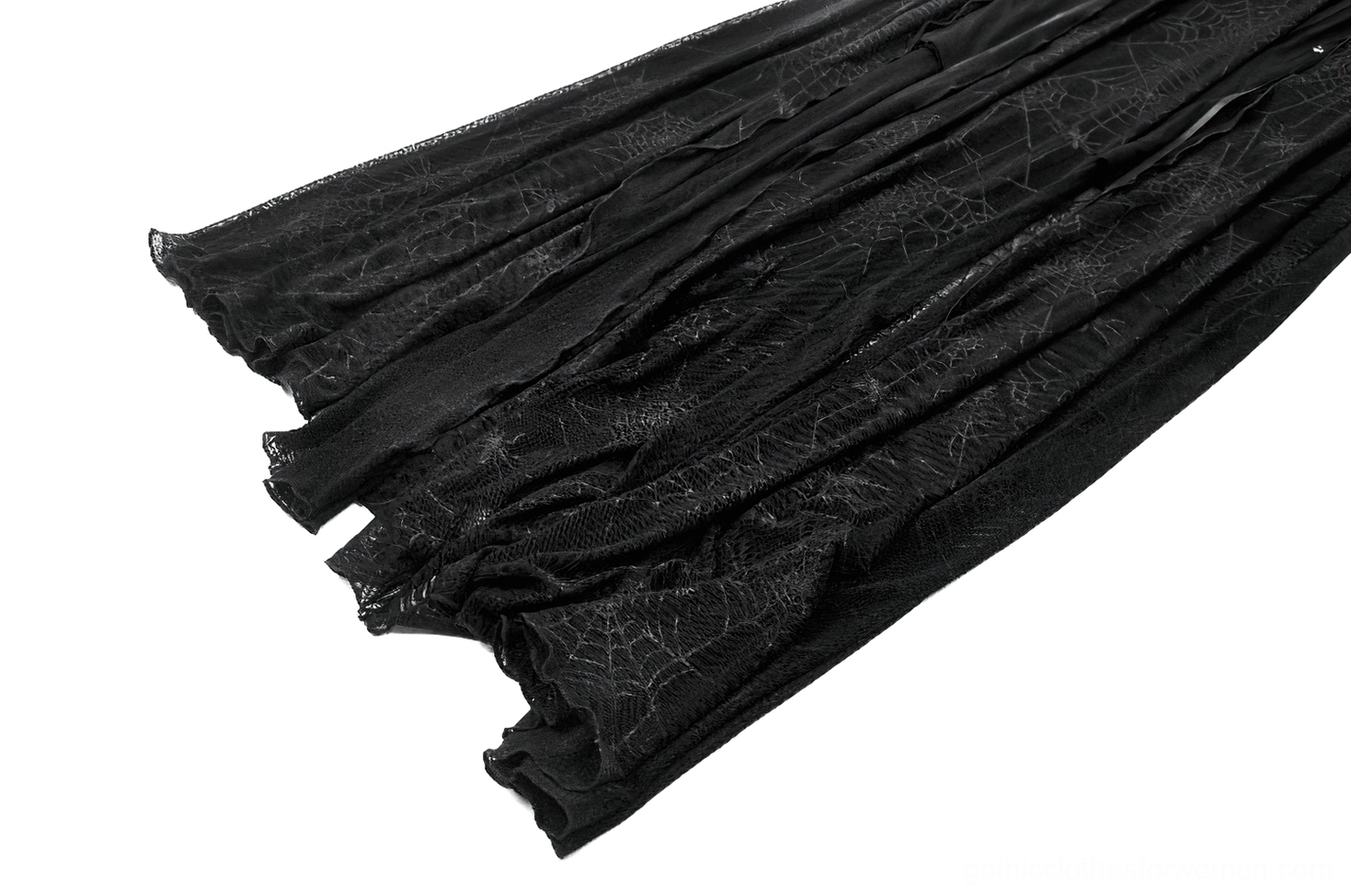 Black spiderweb lace-up gothic dress full-length back view showing mesh construction and drape