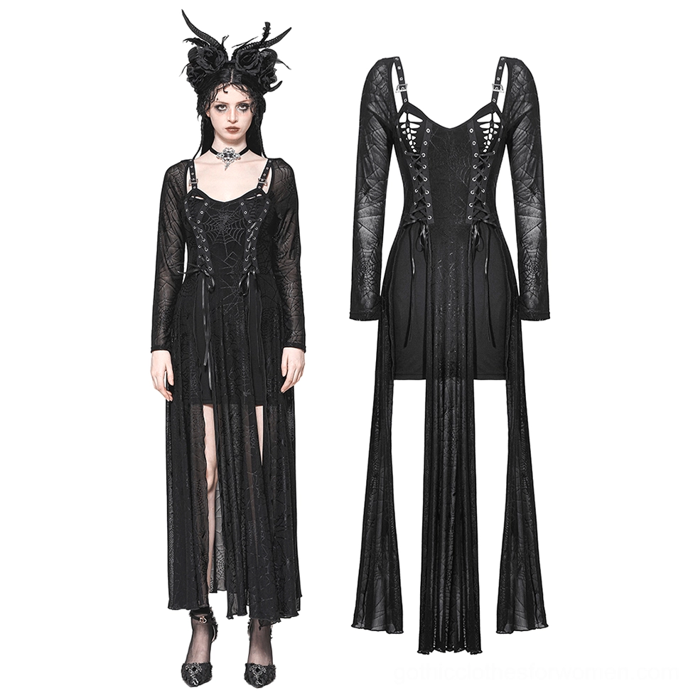 Black spiderweb lace-up gothic dress flat lay front view with corset lace bodice and detachable sheer skirt