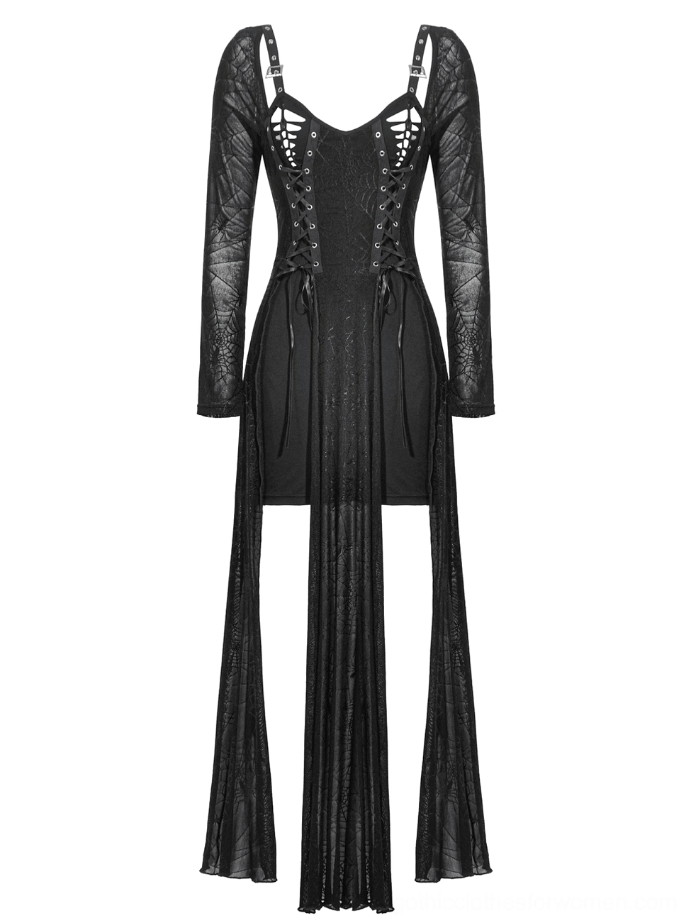 Black spiderweb lace-up gothic dress flat lay display showing full length and construction details