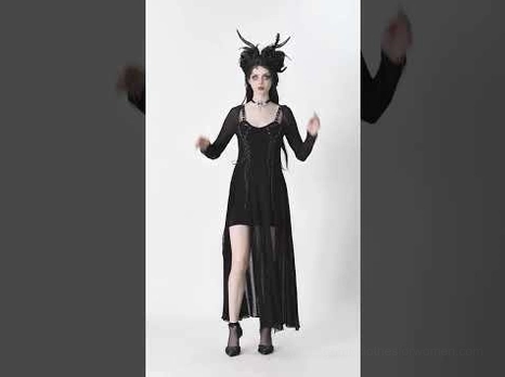 Black spiderweb gothic dress on model front medium shot showing sheer overlay and split design