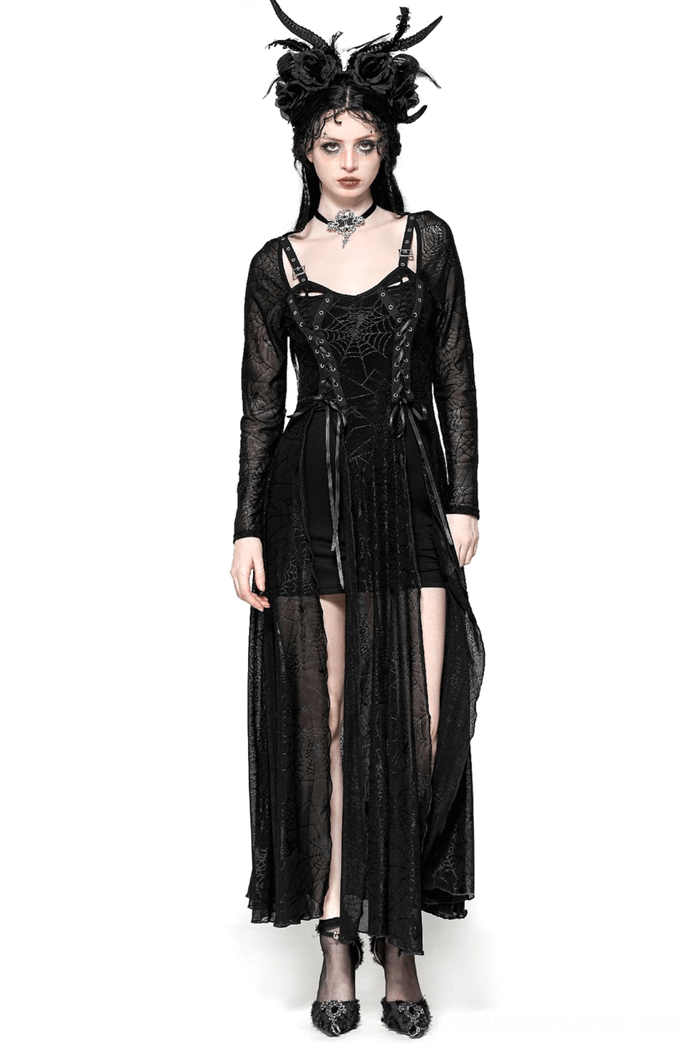 Black spiderweb lace-up gothic dress front view on model with horn headdress, featuring sheer mesh long sleeves and floor-length skirt