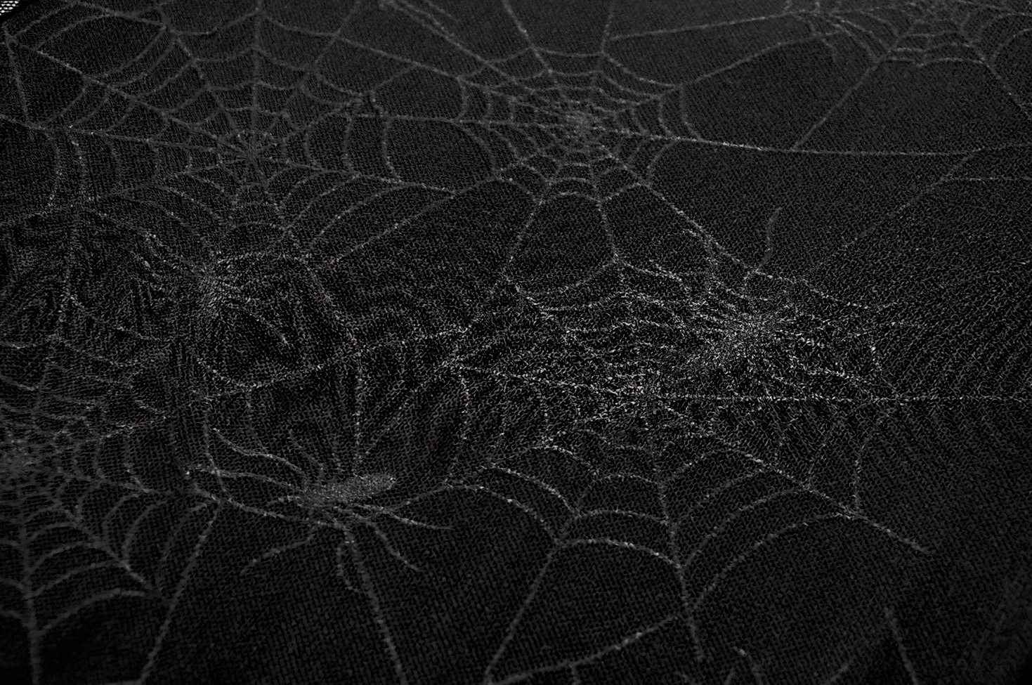 Black spiderweb lace-up gothic dress side profile showing sheer sleeves and mesh overlay design