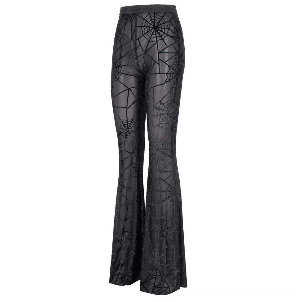 Black sheer spiderweb flare pants flat lay front detail - mesh fabric and velvet spiderweb overlay