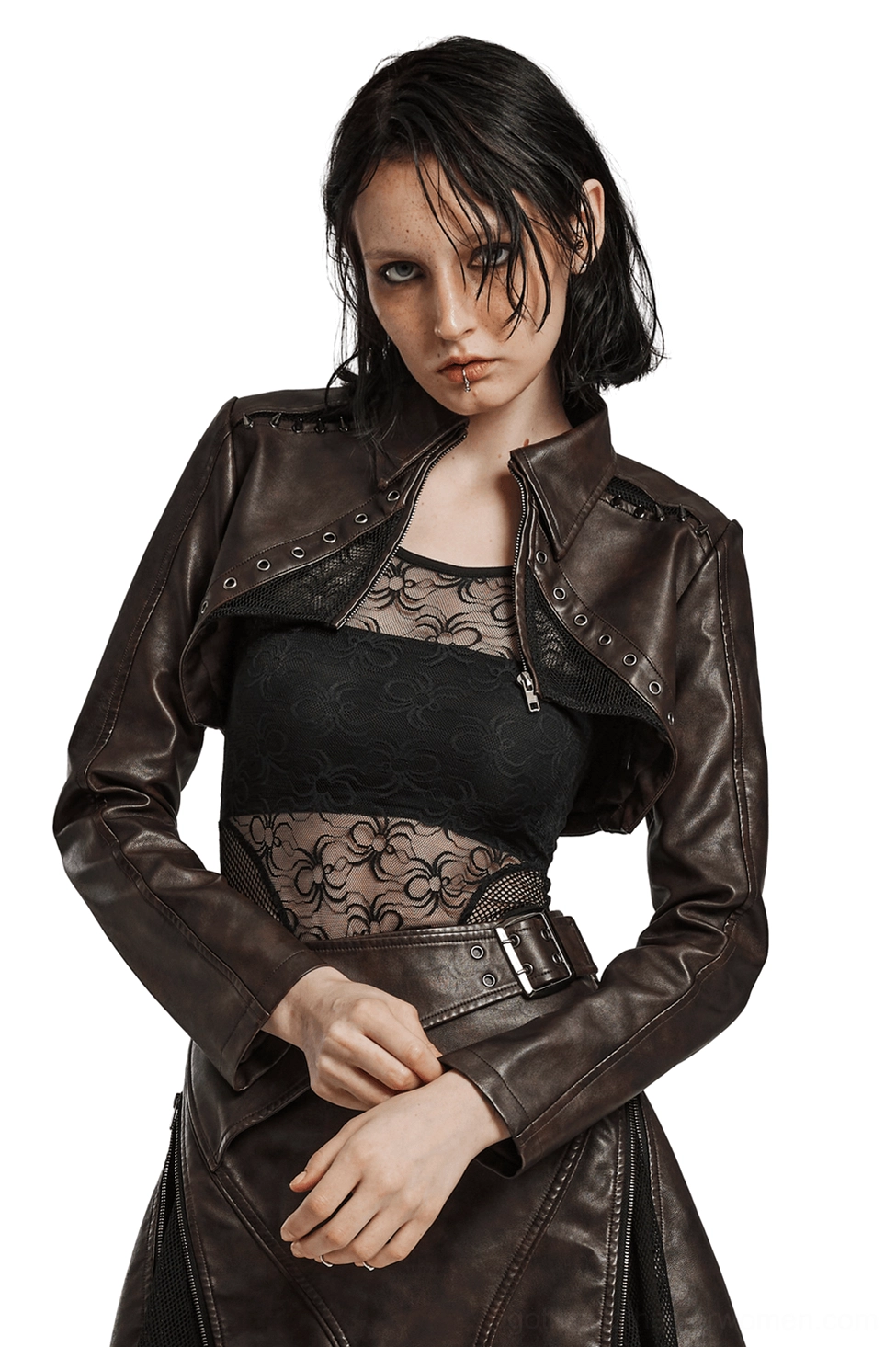Black spike shoulder cropped gothic faux leather jacket front view on female model, white studio background