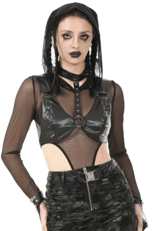 Black spiked faux leather harness bra top with detachable studded neck collar, front full-body view on goth model