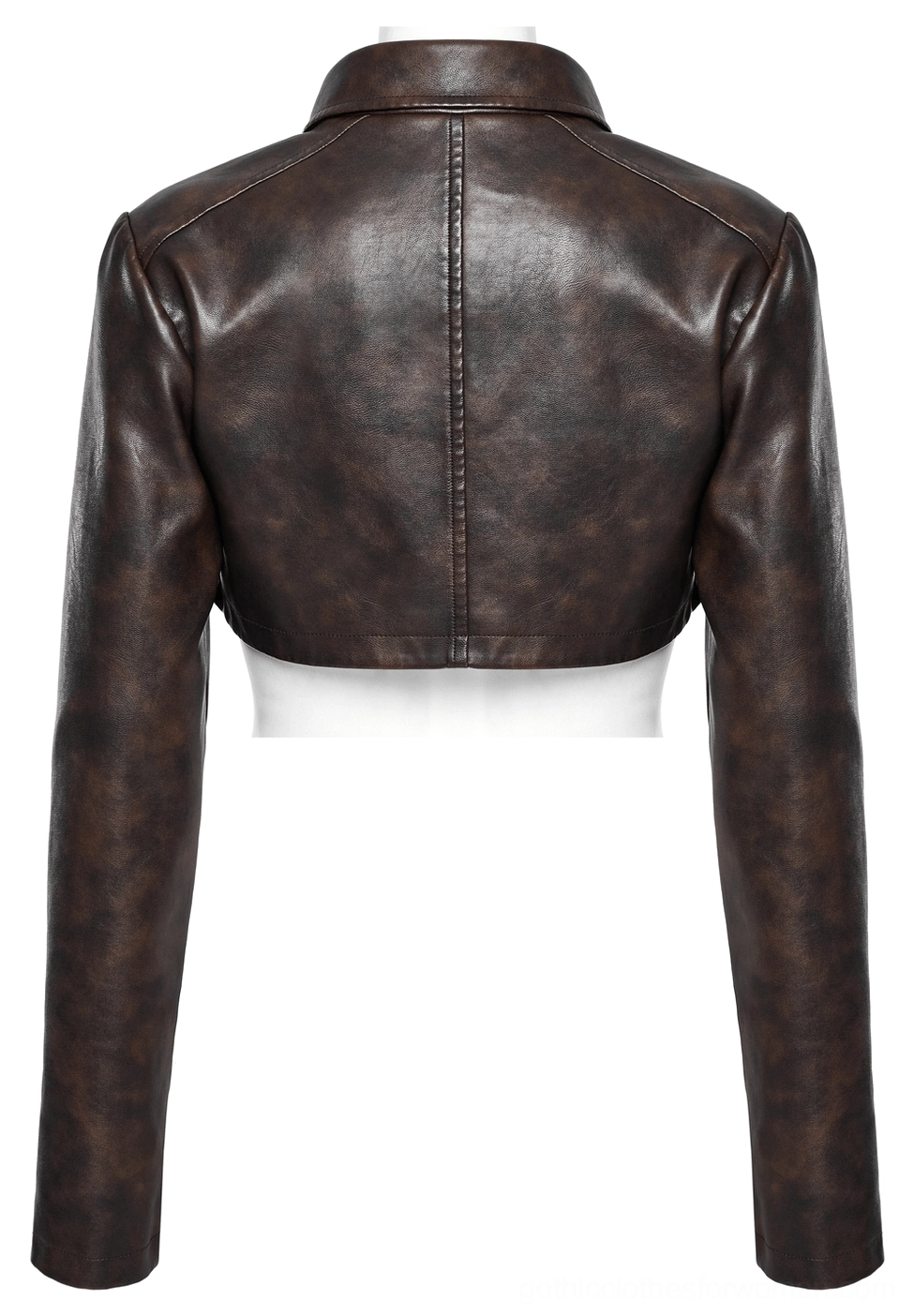 Black spike cropped gothic jacket back flat lay, smooth faux leather back with stitching detail