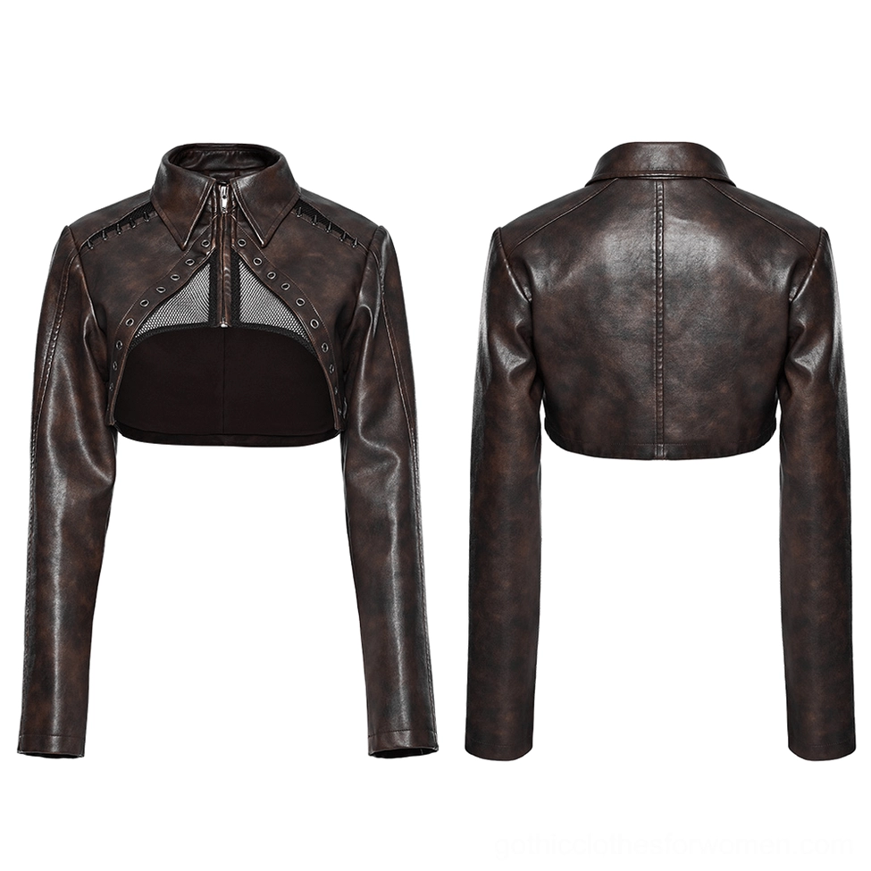 Black spike cropped gothic jacket front and back flat lay, mesh panel detail, white background