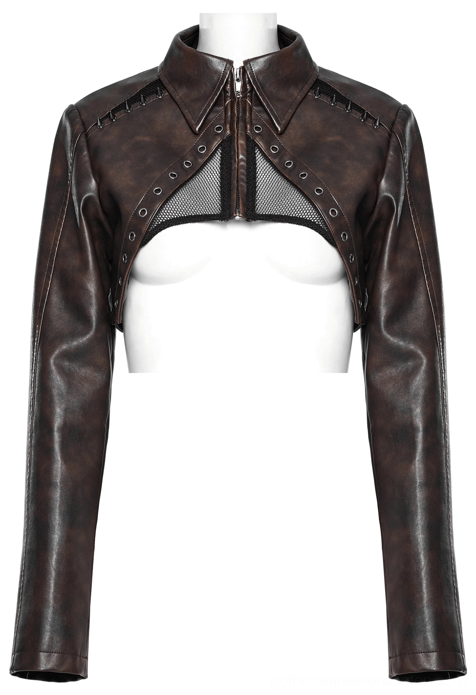 Black spike cropped gothic jacket front flat lay on dress form, zipper and mesh inset detail