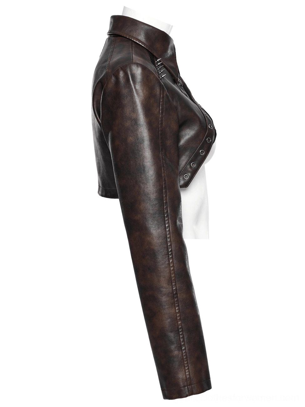 Black spike cropped gothic jacket side view flat lay, tailored seam construction detail