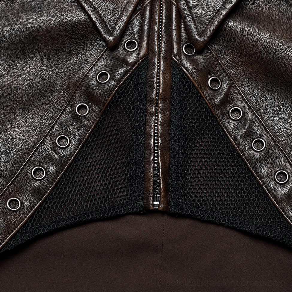 Black spike cropped gothic jacket zipper and mesh panel close-up, metal eyelet trim detail