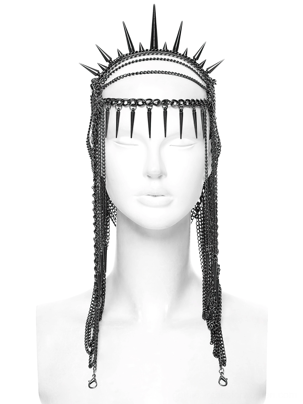 Full front view of black spiked chain crown headpiece on mannequin with forehead spike tassels and short side chain details