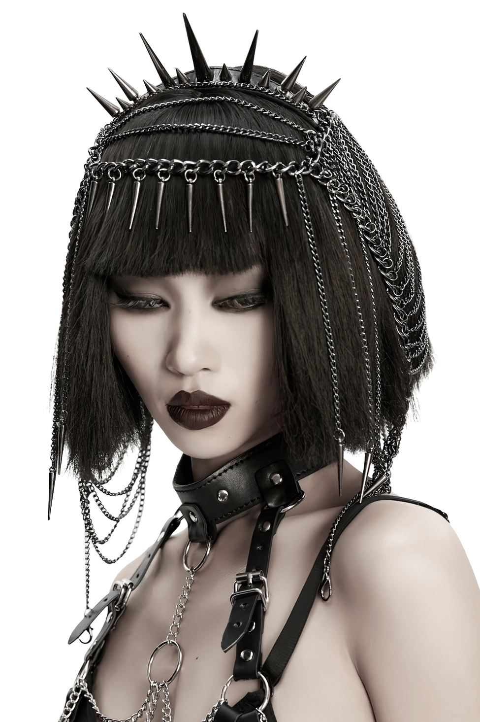 Black spiked chain crown headpiece - primary product image showing front-facing design with cascading chains and spike details