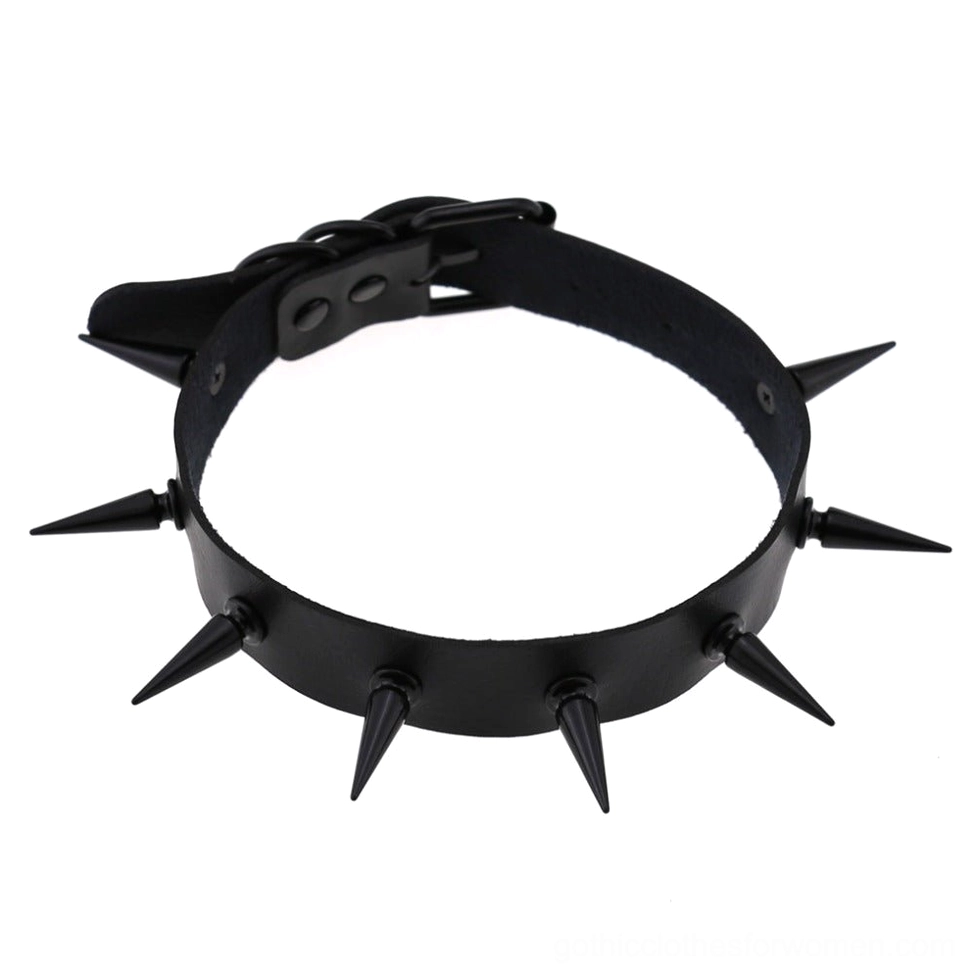 Black spiked leather choker collar with iron studs, adjustable buckle, frontal angled view on white background