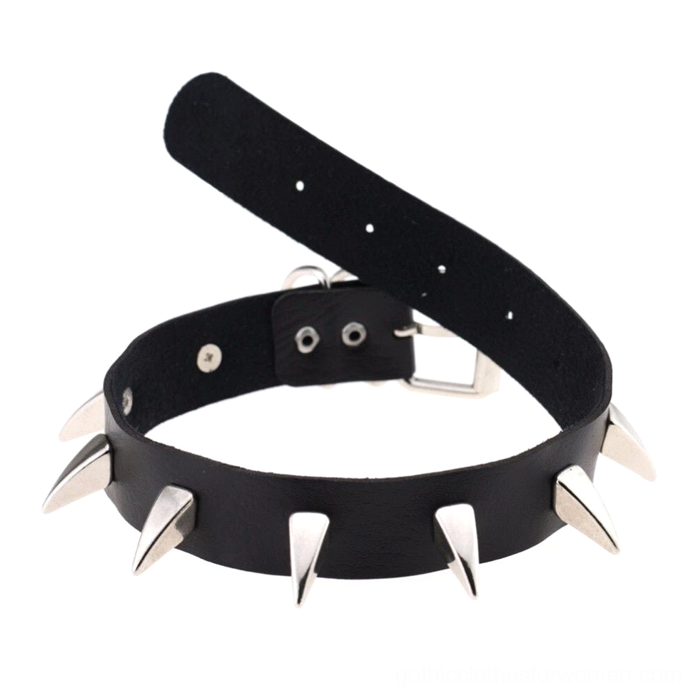 Black spiked leather gothic choker with silver spike studs, side angle showing adjustable strap and fastener detail