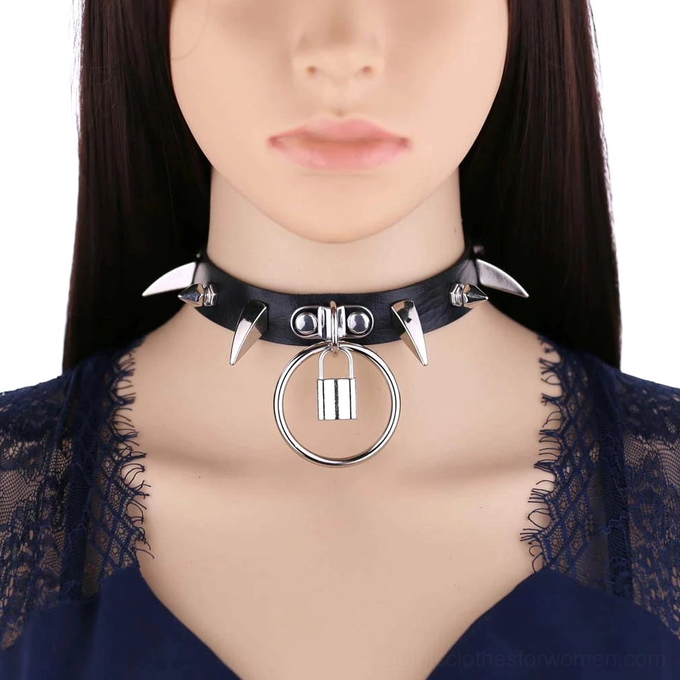 Black spiked gothic lock choker collar with silver metal spikes and adjustable buckle on mannequin front view