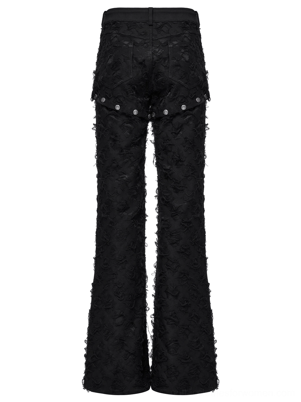 Black gothic pants rear flat lay view studded waistband tattered fabric details