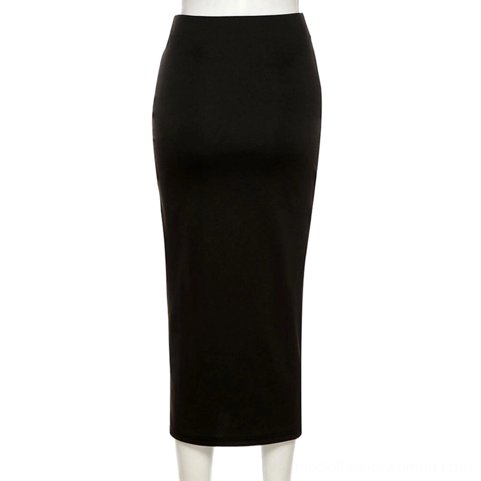 Black high-waist midi skirt front flat view on mannequin displaying solid construction and empire waistline