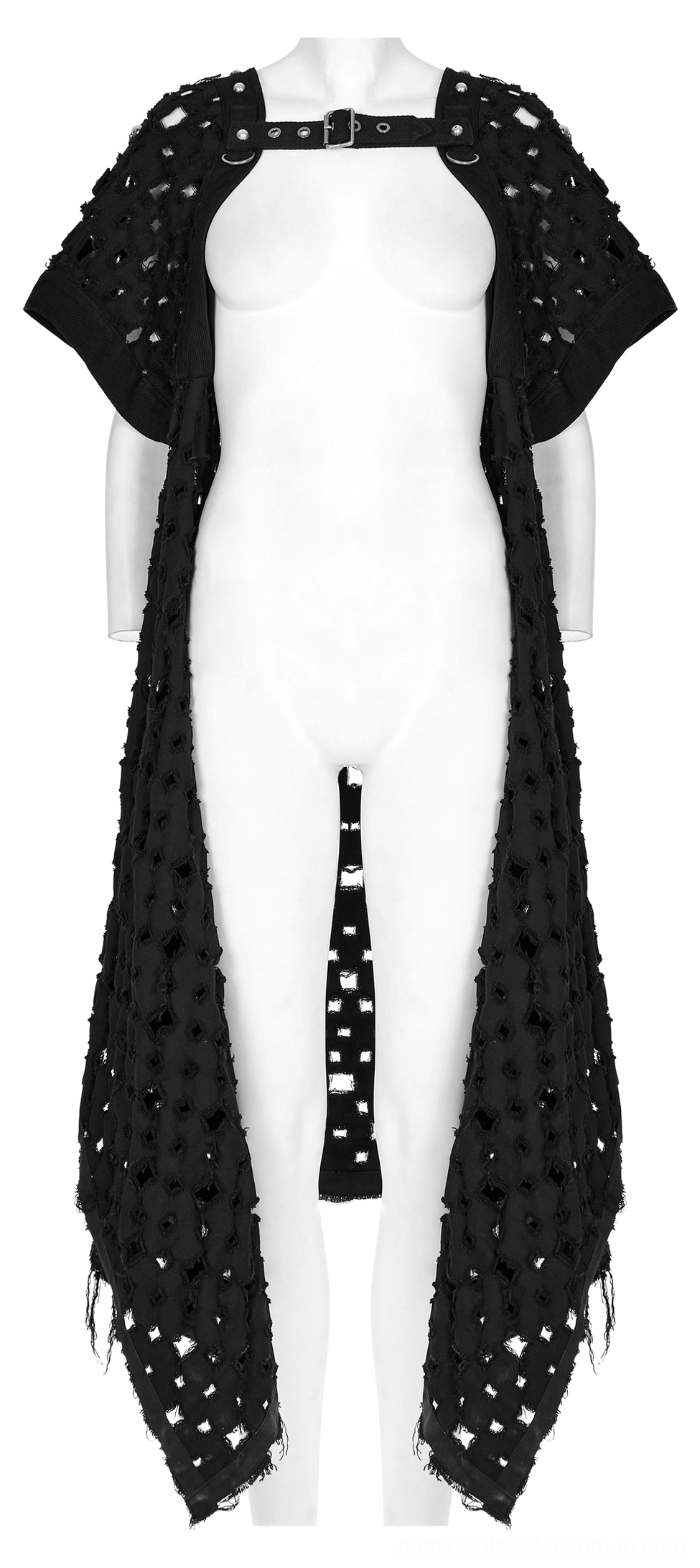 Black square cutout cape cardigan with short sleeves displayed on mannequin, showing all-over hollow-out distressing
