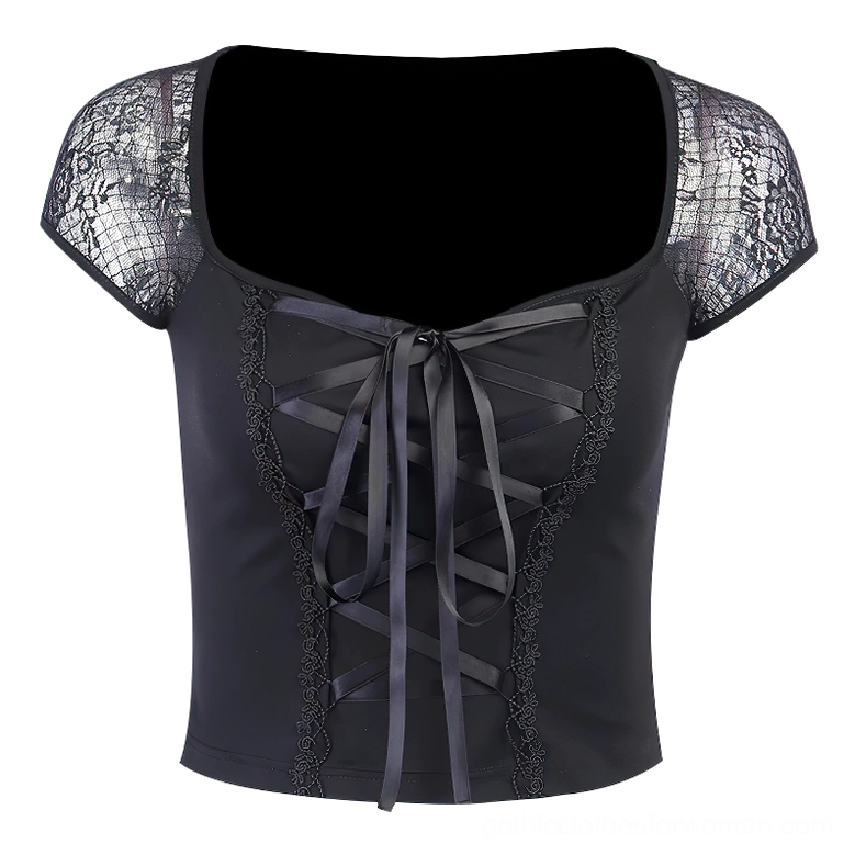 Women's black square neck lace-up crop top with embroidered floral lace trim and satin ribbon detail flat lay