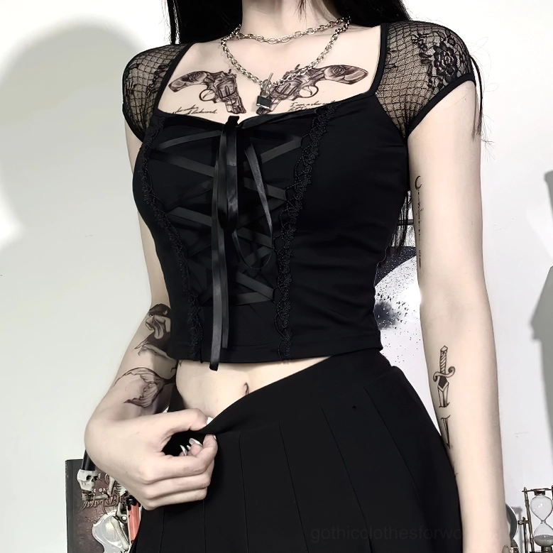 Black square neck lace-up gothic crop top with sheer lace cap sleeves complete product view