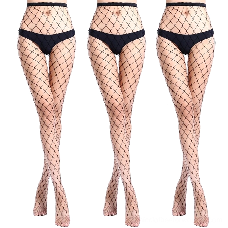 Classic black fishnet tights with standard diamond grid crossed leg pose, demonstrating gothic wardrobe versatility