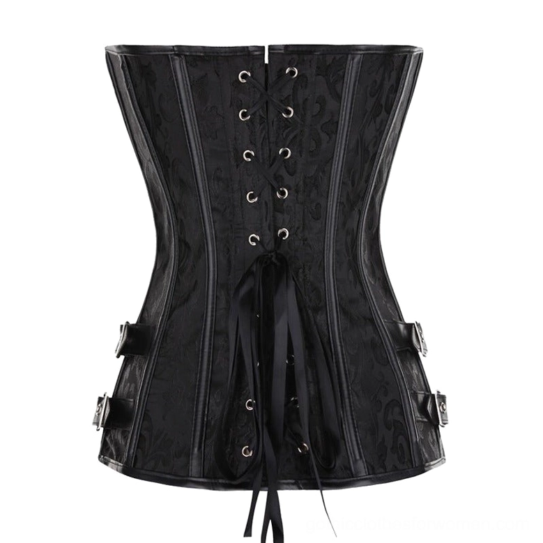 Black steampunk overbust corset back view showing lace-up closure with black ribbon and buckles