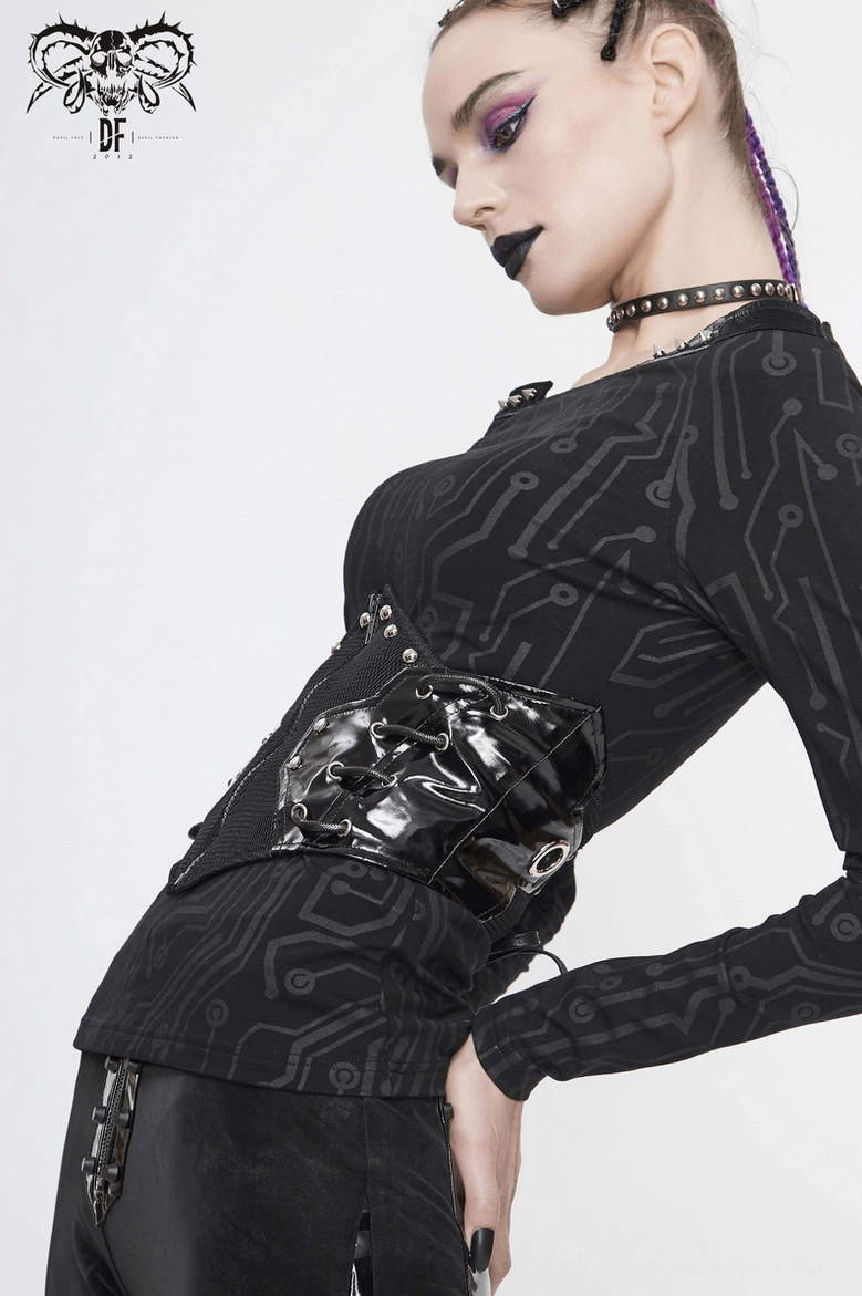 Black steampunk corset belt worn at waist on female model with purple braids, side three-quarter view with circuit print top