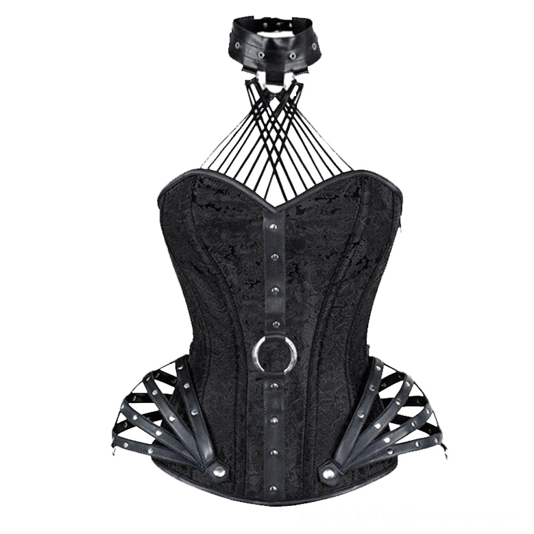 Black PU leather gothic corset with O-ring hardware and jacquard fabric, full front view