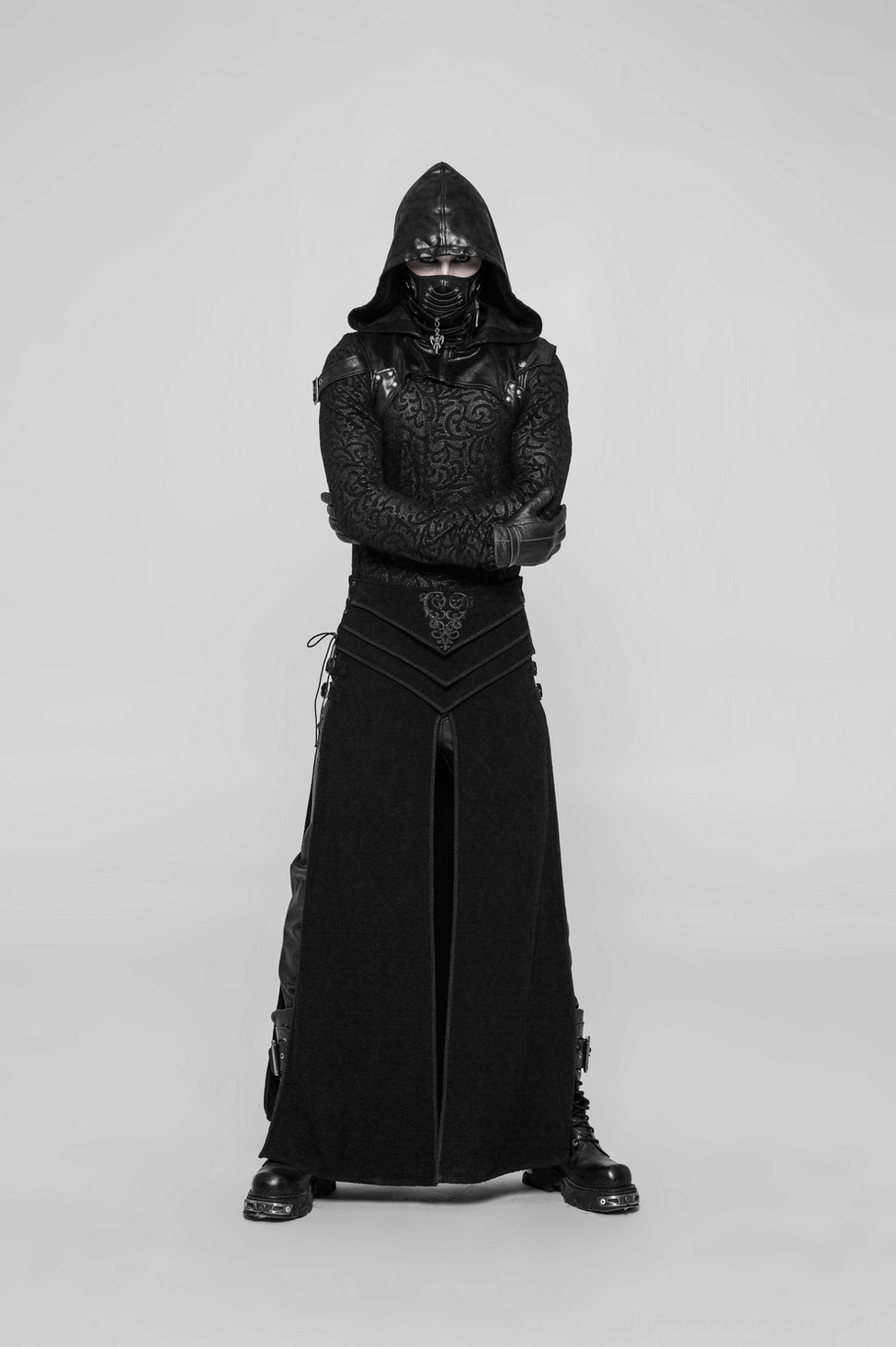 Black steampunk gothic face mask product showcase highlighting overall design, metallic hardware, and leather texture quality