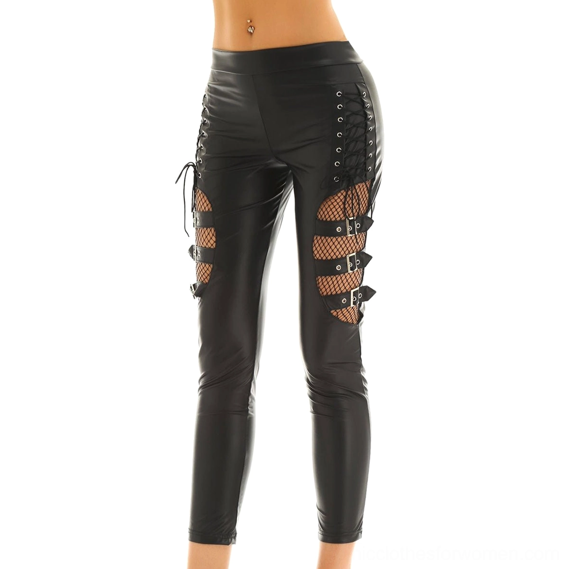 Black faux leather gothic pants with lace-up fishnet sides, alternative angle showing full steampunk-style design and pencil silhouette on model