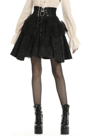 Black steampunk gothic mini skirt with corset lace-up back and layered lace trim - front full body view on model