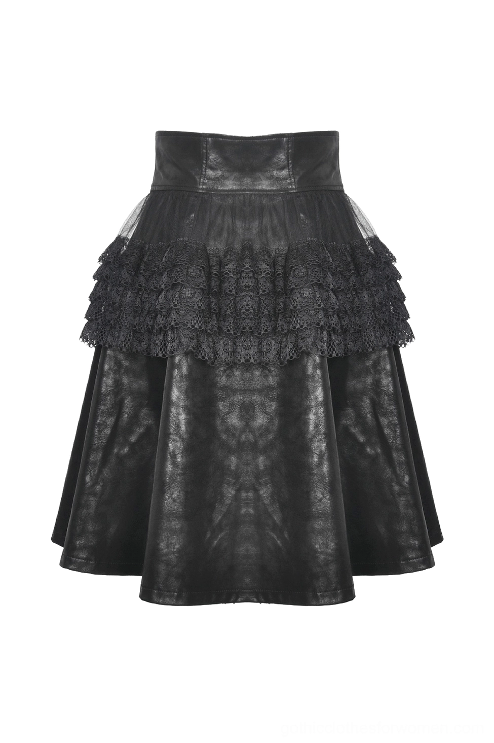 Flat lay front view of black steampunk gothic mini skirt with distressed PU leather and layered black lace trim details