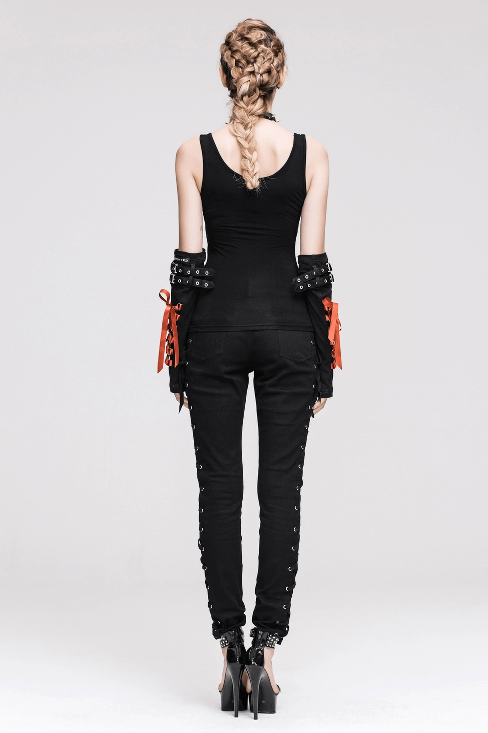Black steampunk gothic tank top full-body view, studded design and cutout details, form-fitting silhouette