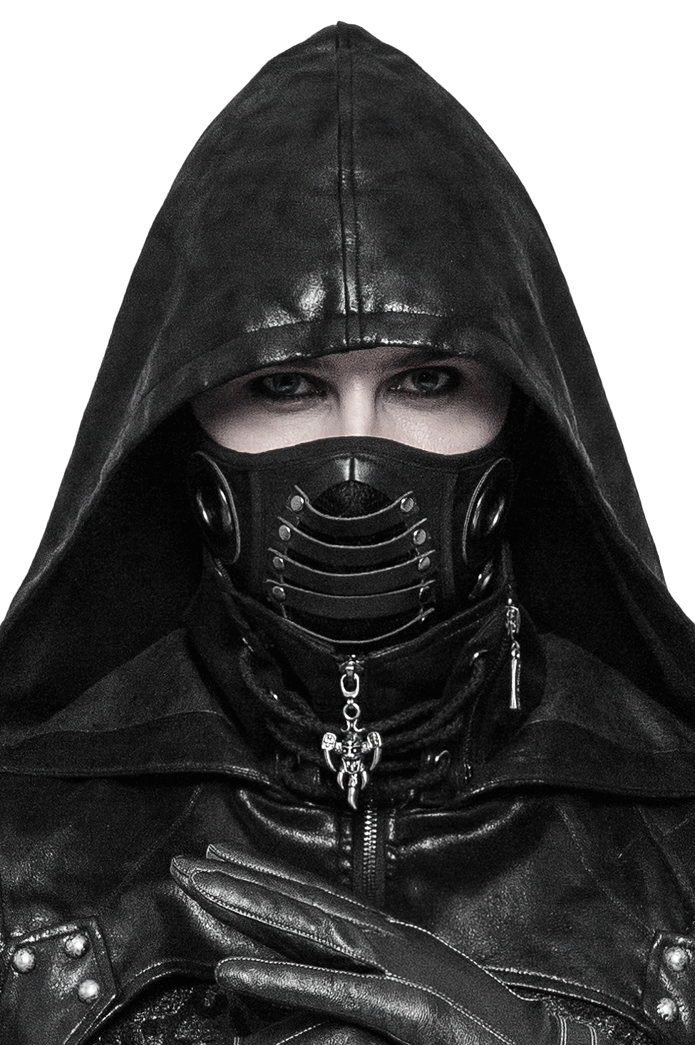 Black steampunk leather face mask with riveted metal grille front, worn by model in gothic attire, studio frontal close-up view