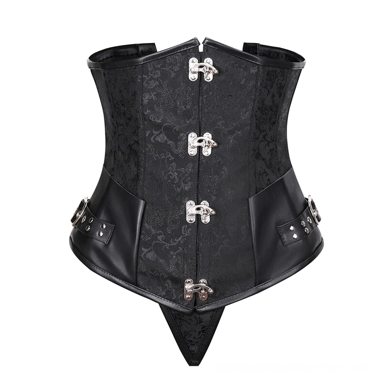 Black steampunk underbust corset flat display - front view showing jacquard fabric and metal front clasps