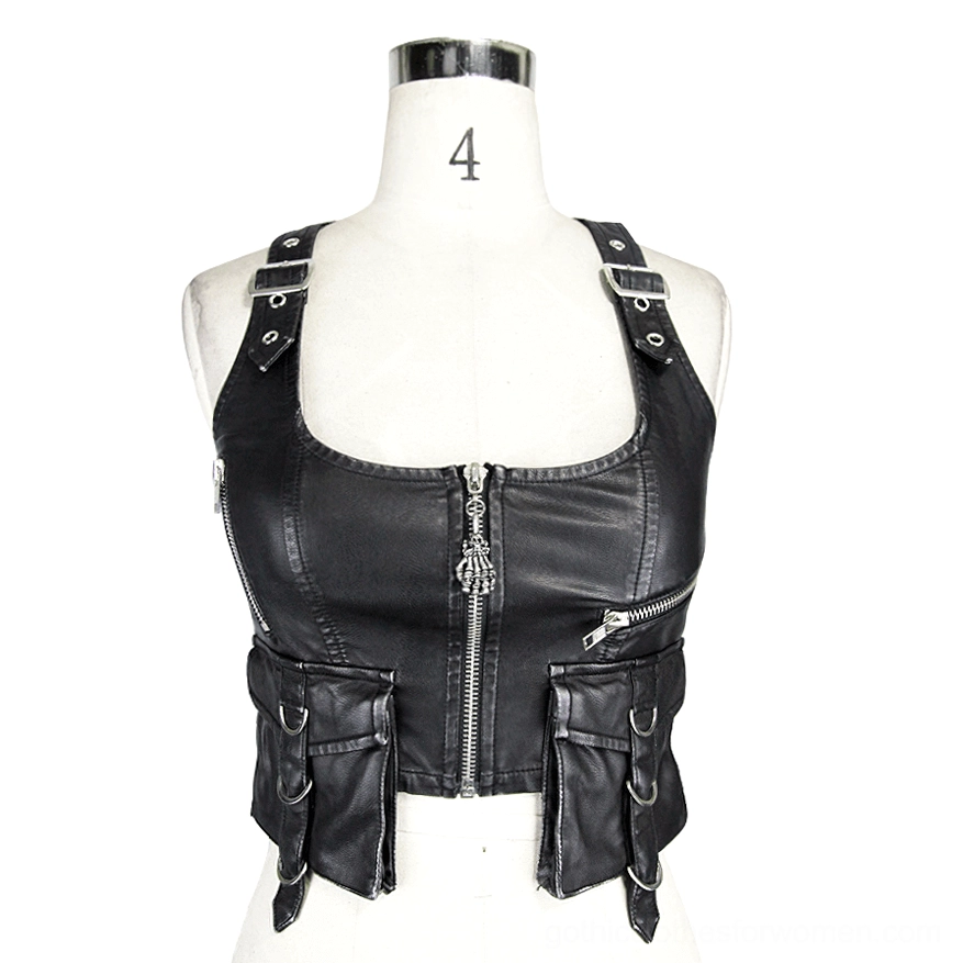 Black steampunk vest on mannequin front view featuring skull zipper pull and adjustable shoulder straps