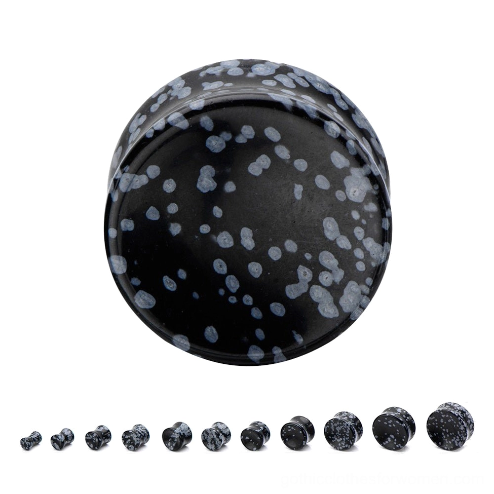 Natural black stone ear gauges with grey speckled pattern - goth alternative body jewelry collection