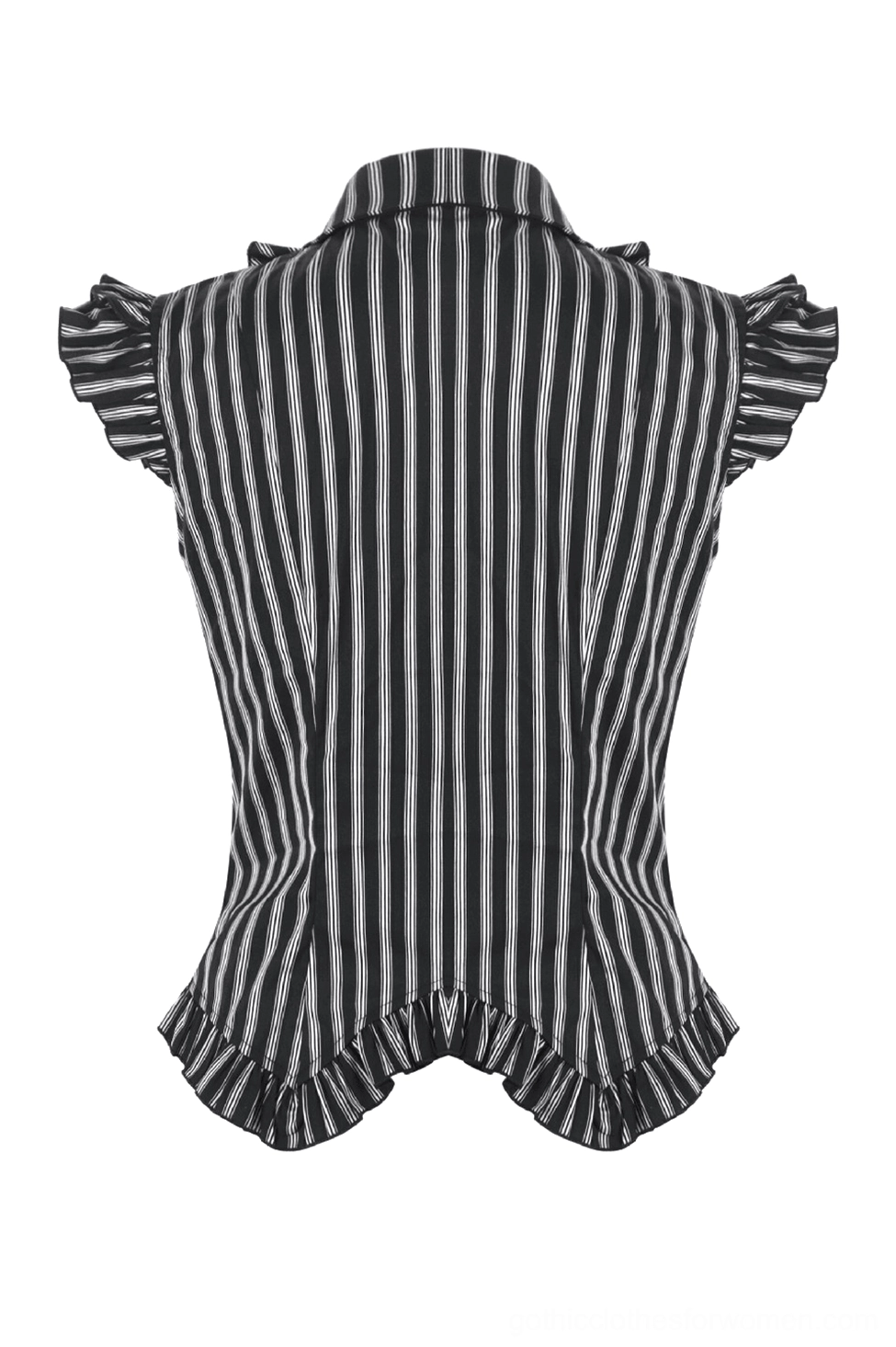 Back flat lay of black striped gothic blouse displaying vertical stripe pattern and ruffled hem