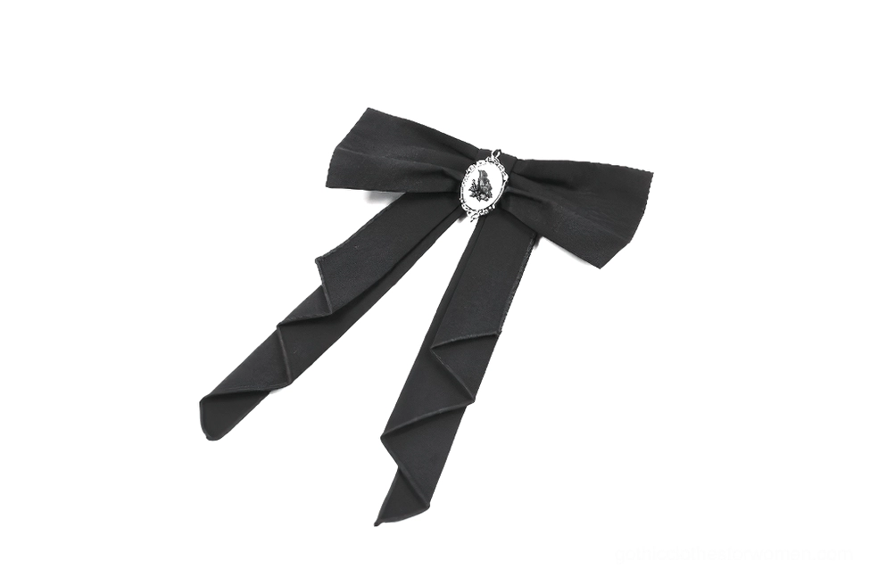 Black striped gothic blouse with ruffled cap sleeves and gem-adorned Victorian bow brooch detail