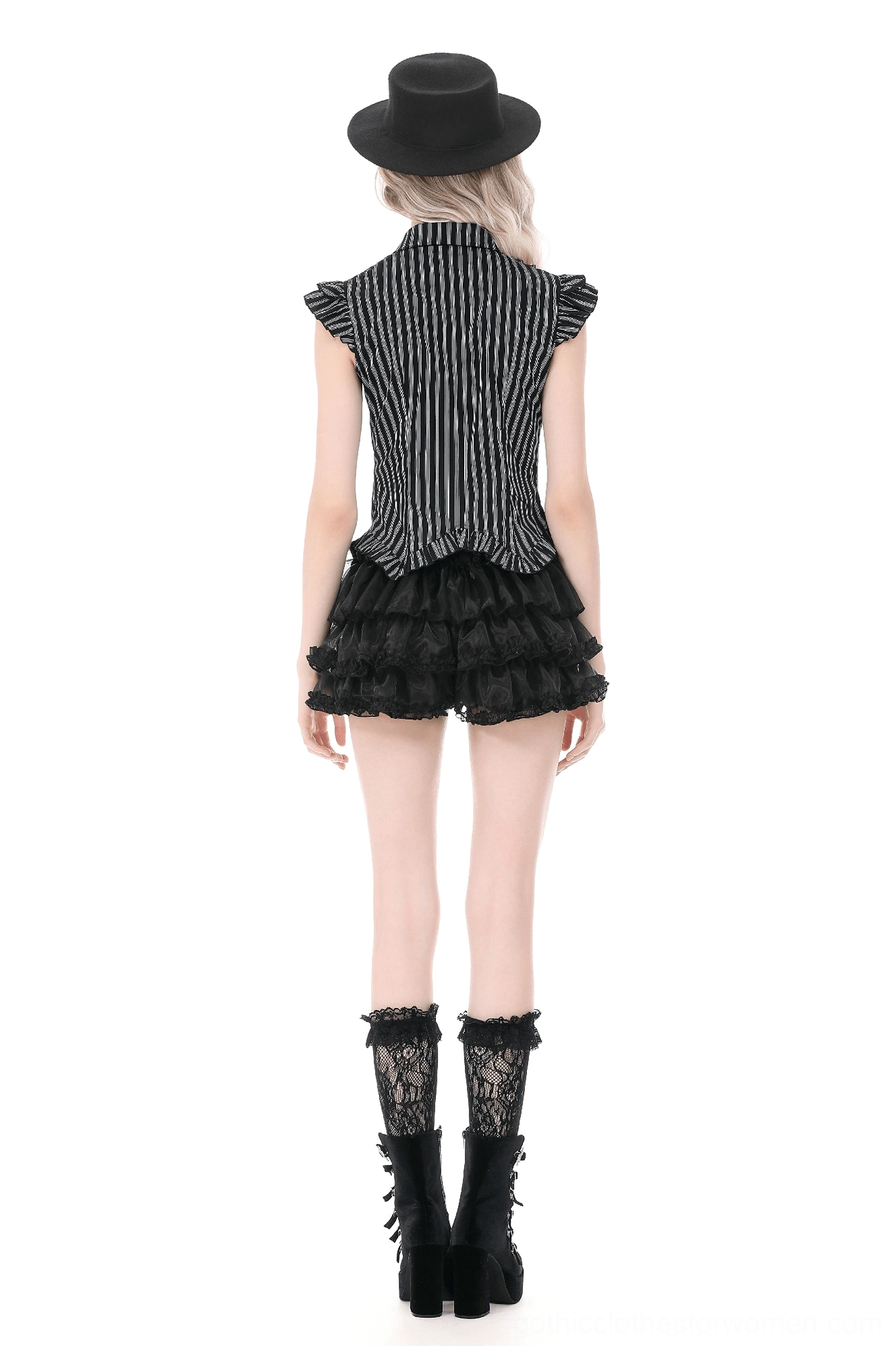 Front detail of black striped gothic blouse showing gem-adorned bow tie and pointed collar styling