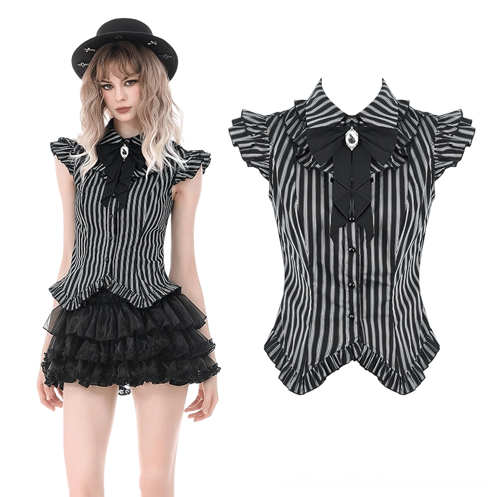 Black striped gothic ruffle blouse front and flat lay detail showing gem brooch and ruffle construction